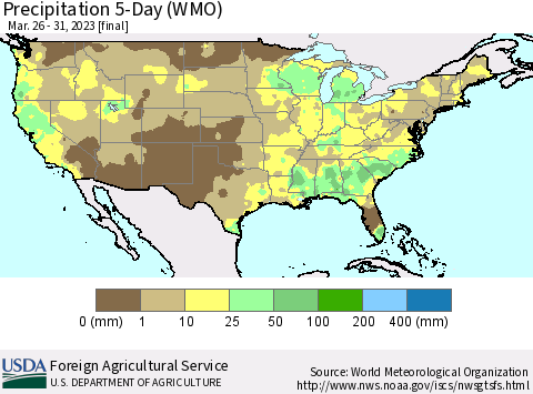 United States Precipitation 5-Day (WMO) Thematic Map For 3/26/2023 - 3/31/2023
