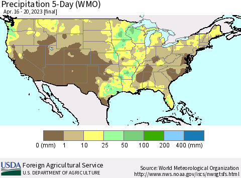 United States Precipitation 5-Day (WMO) Thematic Map For 4/16/2023 - 4/20/2023