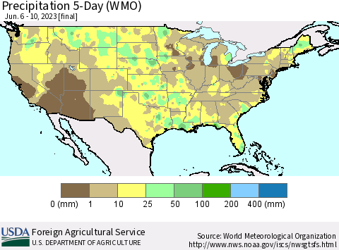 United States Precipitation 5-Day (WMO) Thematic Map For 6/6/2023 - 6/10/2023