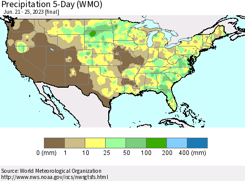 United States Precipitation 5-Day (WMO) Thematic Map For 6/21/2023 - 6/25/2023
