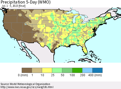 United States Precipitation 5-Day (WMO) Thematic Map For 7/1/2023 - 7/5/2023