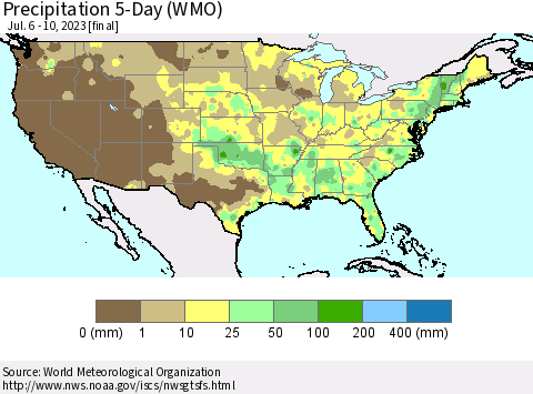 United States Precipitation 5-Day (WMO) Thematic Map For 7/6/2023 - 7/10/2023