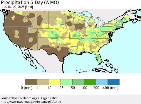 United States Precipitation 5-Day (WMO) Thematic Map For 7/16/2023 - 7/20/2023