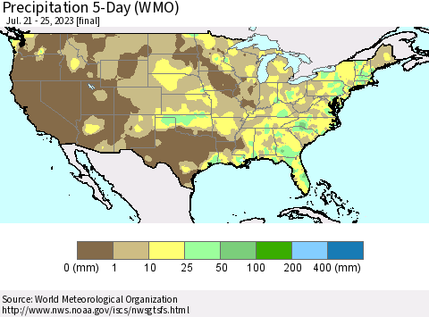 United States Precipitation 5-Day (WMO) Thematic Map For 7/21/2023 - 7/25/2023