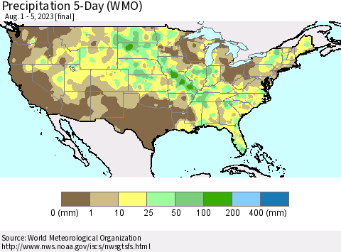 United States Precipitation 5-Day (WMO) Thematic Map For 8/1/2023 - 8/5/2023