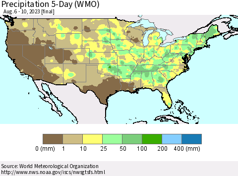 United States Precipitation 5-Day (WMO) Thematic Map For 8/6/2023 - 8/10/2023