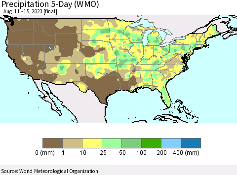 United States Precipitation 5-Day (WMO) Thematic Map For 8/11/2023 - 8/15/2023