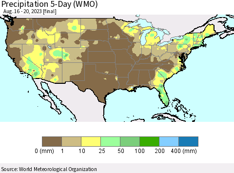 United States Precipitation 5-Day (WMO) Thematic Map For 8/16/2023 - 8/20/2023