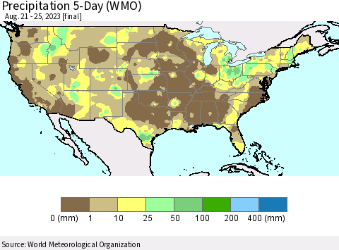 United States Precipitation 5-Day (WMO) Thematic Map For 8/21/2023 - 8/25/2023