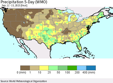 United States Precipitation 5-Day (WMO) Thematic Map For 9/11/2023 - 9/15/2023