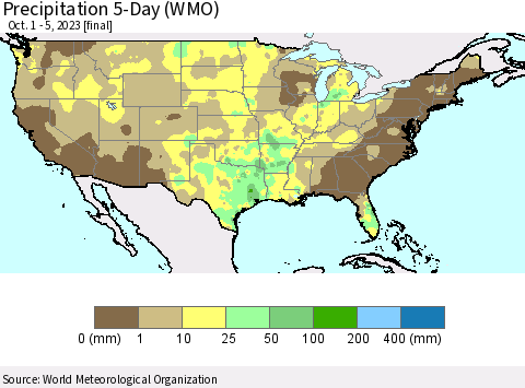 United States Precipitation 5-Day (WMO) Thematic Map For 10/1/2023 - 10/5/2023