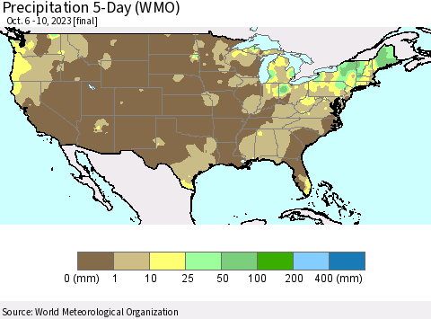 United States Precipitation 5-Day (WMO) Thematic Map For 10/6/2023 - 10/10/2023