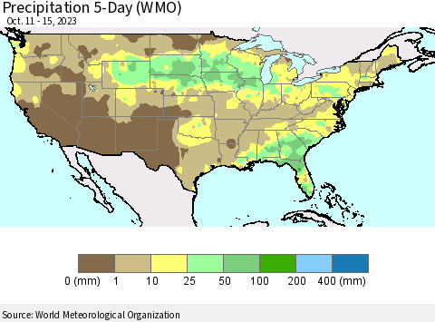 United States Precipitation 5-Day (WMO) Thematic Map For 10/11/2023 - 10/15/2023
