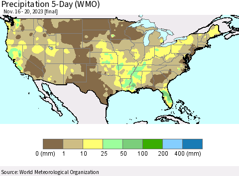 United States Precipitation 5-Day (WMO) Thematic Map For 11/16/2023 - 11/20/2023