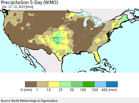 United States Precipitation 5-Day (WMO) Thematic Map For 12/11/2023 - 12/15/2023