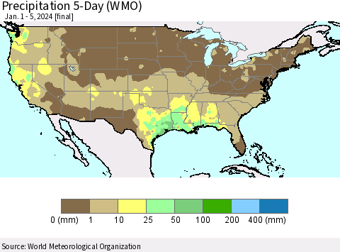 United States Precipitation 5-Day (WMO) Thematic Map For 1/1/2024 - 1/5/2024
