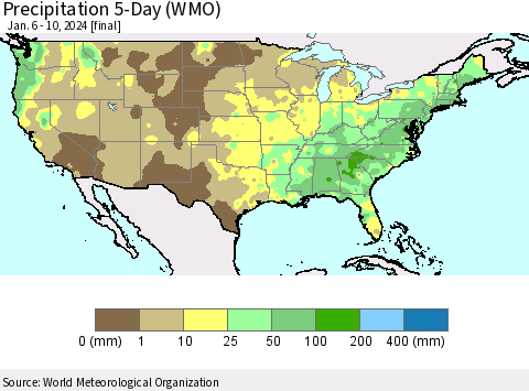 United States Precipitation 5-Day (WMO) Thematic Map For 1/6/2024 - 1/10/2024