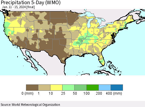 United States Precipitation 5-Day (WMO) Thematic Map For 1/11/2024 - 1/15/2024