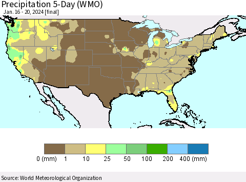 United States Precipitation 5-Day (WMO) Thematic Map For 1/16/2024 - 1/20/2024
