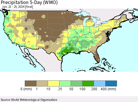 United States Precipitation 5-Day (WMO) Thematic Map For 1/21/2024 - 1/25/2024