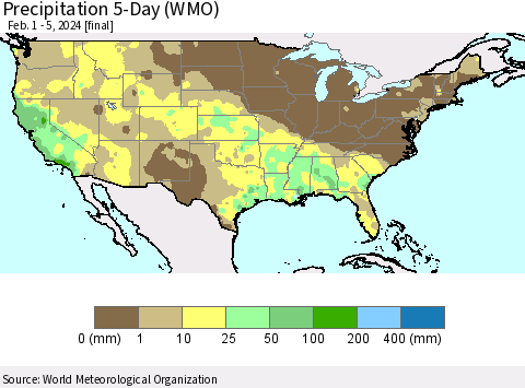 United States Precipitation 5-Day (WMO) Thematic Map For 2/1/2024 - 2/5/2024