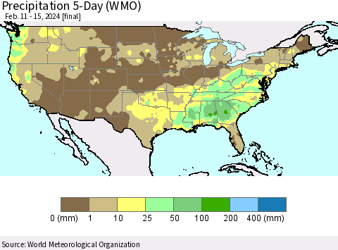 United States Precipitation 5-Day (WMO) Thematic Map For 2/11/2024 - 2/15/2024