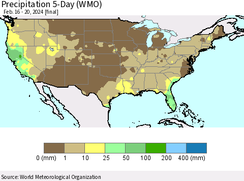 United States Precipitation 5-Day (WMO) Thematic Map For 2/16/2024 - 2/20/2024