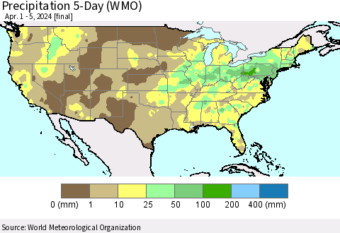 United States Precipitation 5-Day (WMO) Thematic Map For 4/1/2024 - 4/5/2024