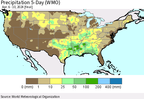United States Precipitation 5-Day (WMO) Thematic Map For 4/6/2024 - 4/10/2024