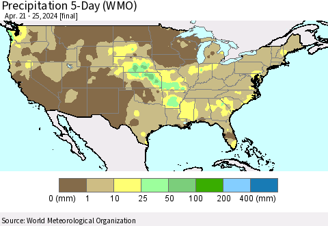 United States Precipitation 5-Day (WMO) Thematic Map For 4/21/2024 - 4/25/2024