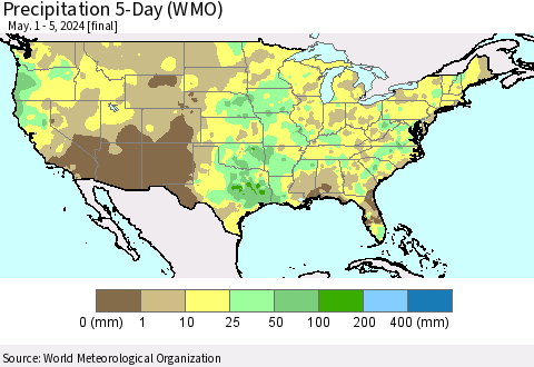 United States Precipitation 5-Day (WMO) Thematic Map For 5/1/2024 - 5/5/2024