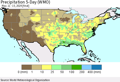United States Precipitation 5-Day (WMO) Thematic Map For 5/11/2024 - 5/15/2024