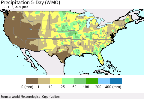 United States Precipitation 5-Day (WMO) Thematic Map For 7/1/2024 - 7/5/2024