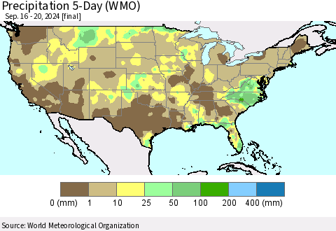 United States Precipitation 5-Day (WMO) Thematic Map For 9/16/2024 - 9/20/2024
