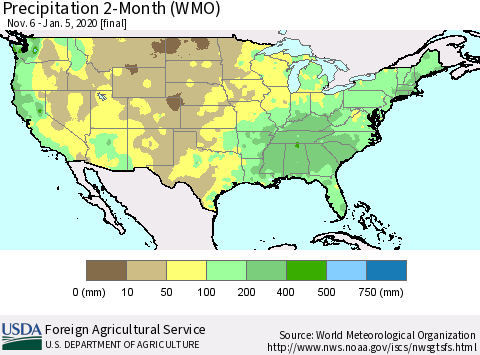 United States Precipitation 2-Month (WMO) Thematic Map For 11/6/2019 - 1/5/2020