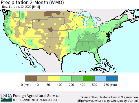 United States Precipitation 2-Month (WMO) Thematic Map For 11/11/2019 - 1/10/2020