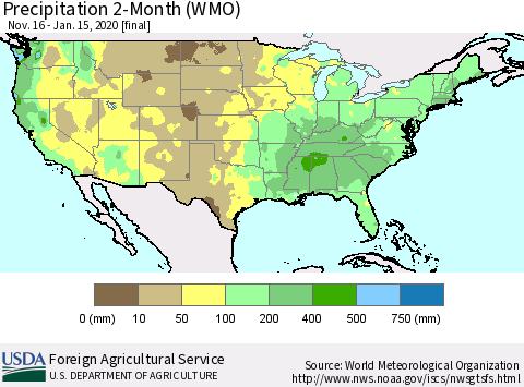 United States Precipitation 2-Month (WMO) Thematic Map For 11/16/2019 - 1/15/2020