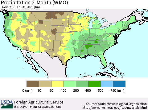 United States Precipitation 2-Month (WMO) Thematic Map For 11/21/2019 - 1/20/2020