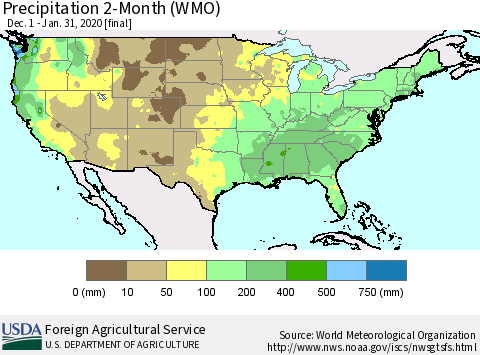 United States Precipitation 2-Month (WMO) Thematic Map For 12/1/2019 - 1/31/2020