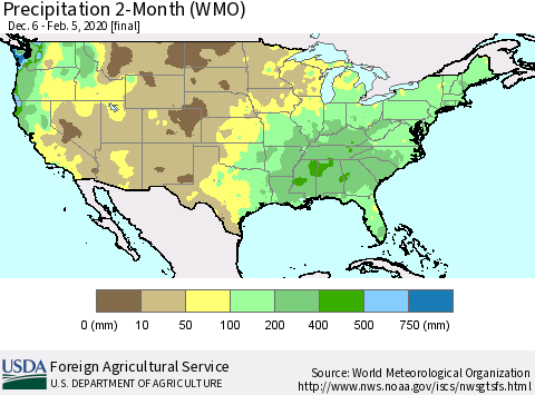United States Precipitation 2-Month (WMO) Thematic Map For 12/6/2019 - 2/5/2020