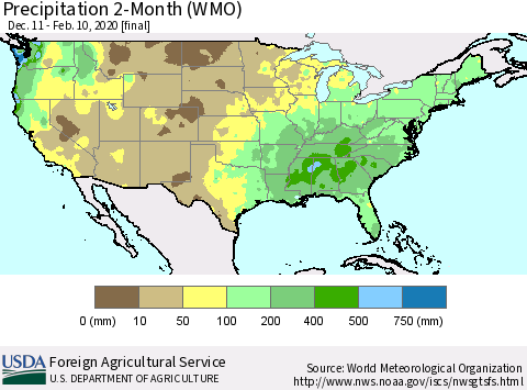 United States Precipitation 2-Month (WMO) Thematic Map For 12/11/2019 - 2/10/2020