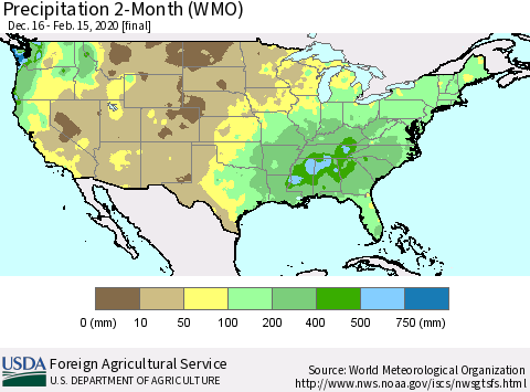 United States Precipitation 2-Month (WMO) Thematic Map For 12/16/2019 - 2/15/2020