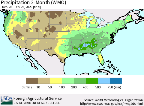 United States Precipitation 2-Month (WMO) Thematic Map For 12/26/2019 - 2/25/2020