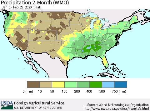 United States Precipitation 2-Month (WMO) Thematic Map For 1/1/2020 - 2/29/2020