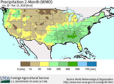 United States Precipitation 2-Month (WMO) Thematic Map For 1/16/2020 - 3/15/2020