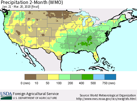 United States Precipitation 2-Month (WMO) Thematic Map For 1/21/2020 - 3/20/2020