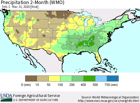 United States Precipitation 2-Month (WMO) Thematic Map For 2/1/2020 - 3/31/2020