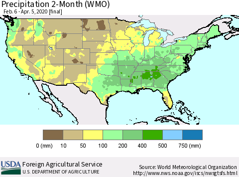 United States Precipitation 2-Month (WMO) Thematic Map For 2/6/2020 - 4/5/2020