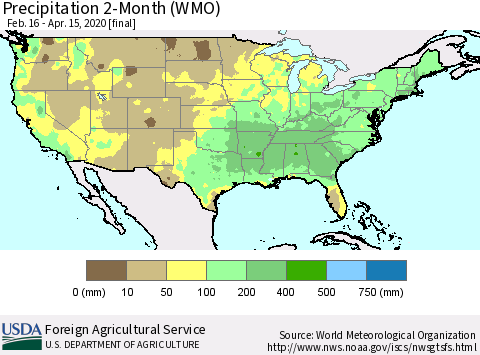 United States Precipitation 2-Month (WMO) Thematic Map For 2/16/2020 - 4/15/2020