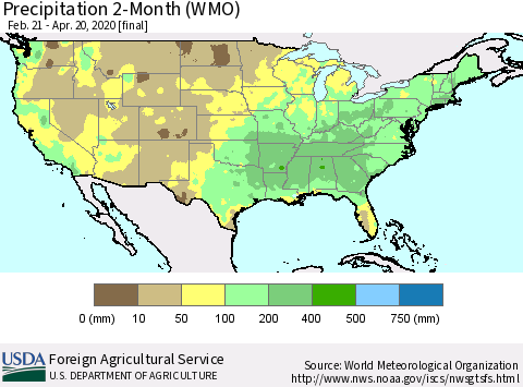 United States Precipitation 2-Month (WMO) Thematic Map For 2/21/2020 - 4/20/2020